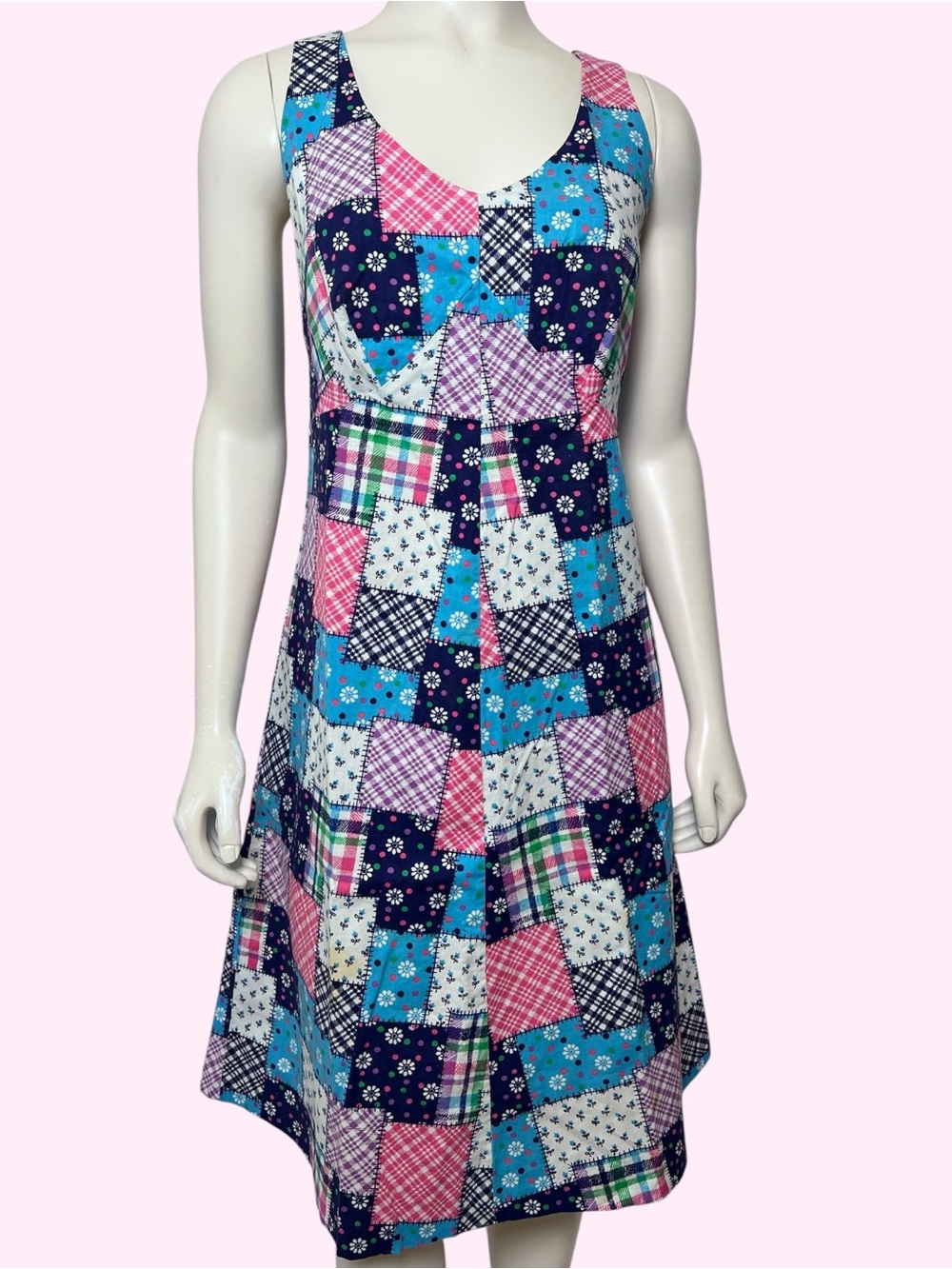 1970s Vintage St. Michael Patchwork Print Sleeveless Mini Dress in Blue & Pink